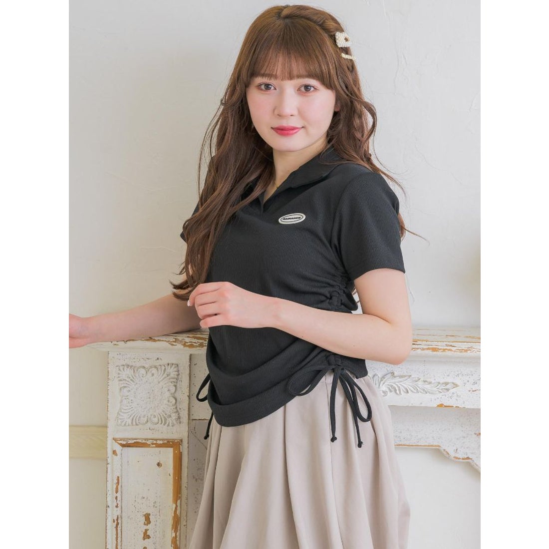 emm the shop 丸襟 半袖 emm the shop 丸襟トップス 黒