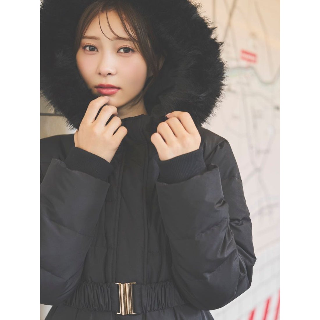 イートミー EATME フェイクファーフードレディダウンコート （ブラック