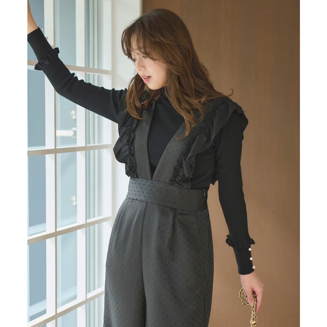 フェルゥ Feroux 【洗える】フリルショルダードット サロペット