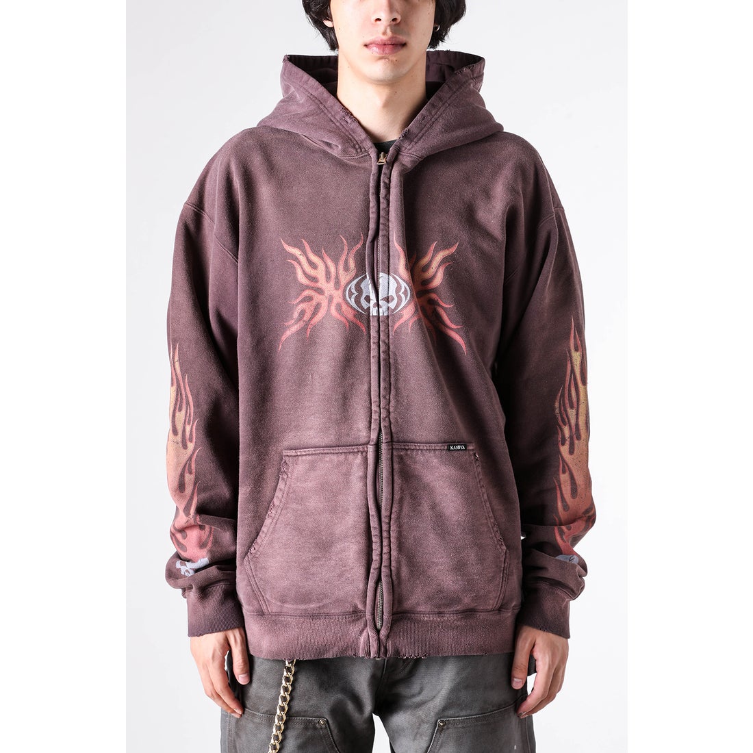 カミヤ KAMIYA Skull Flame Distressed Zip Hoodie （Brown） -FASCINATE
