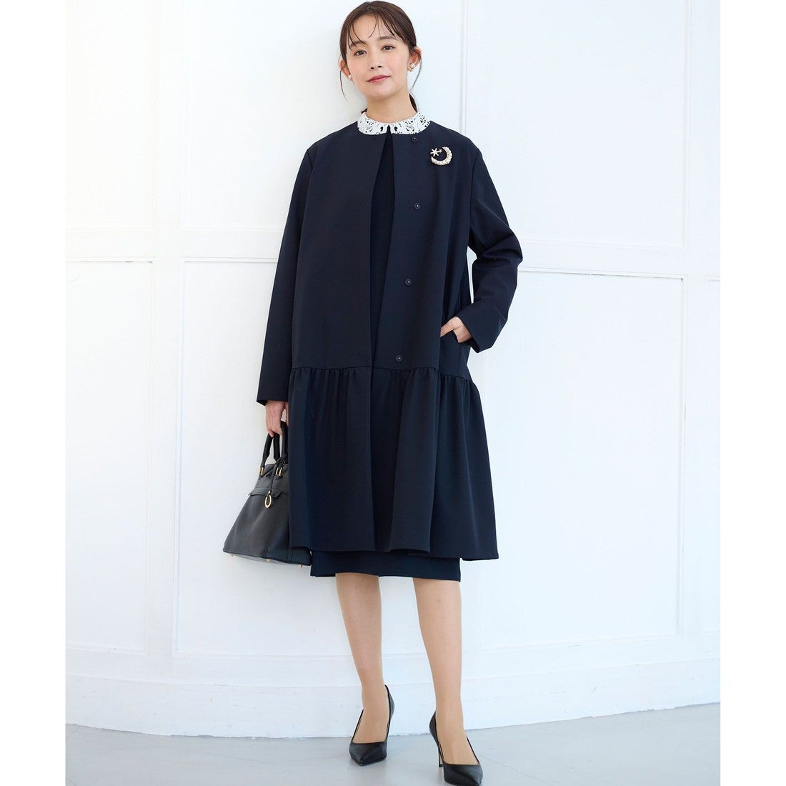 組曲 【NAVY】ダブルクロスストレッチ ノーカラーコート （ネイビー系