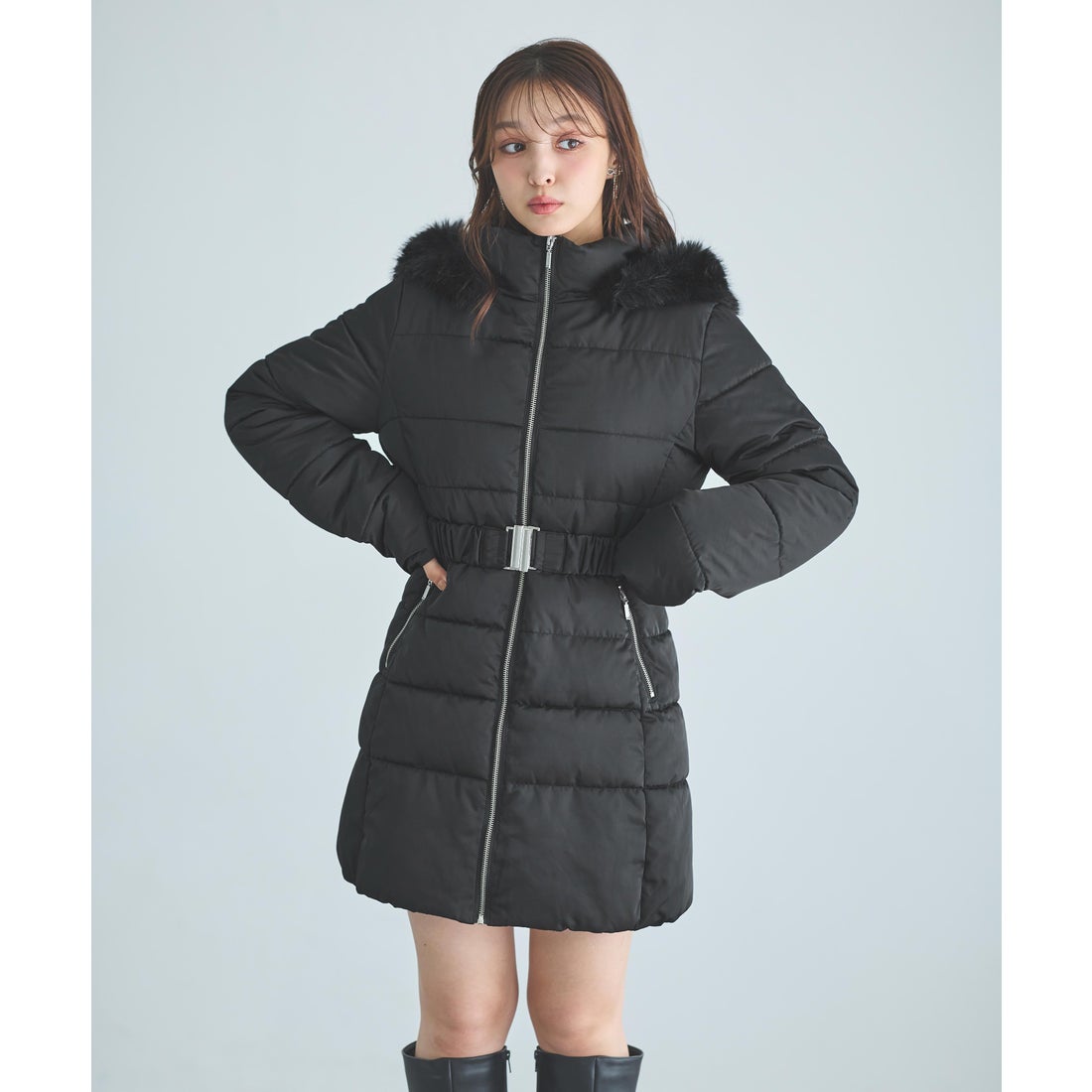 イング INGNI ファー+フード付ウエストベルトエコダウンコート （クロ