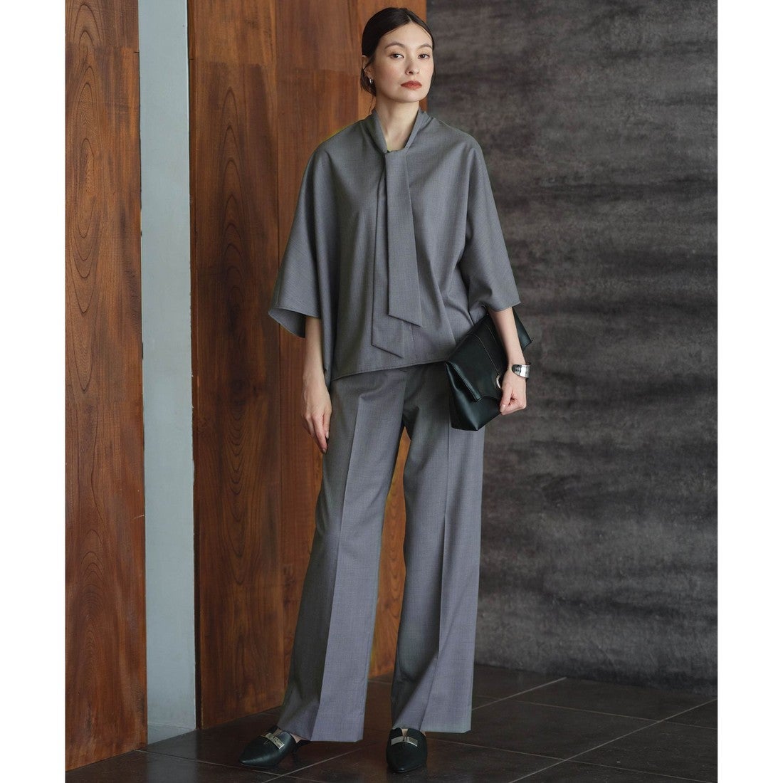 ICB 【洗える】T/Wブロード ボウタイブラウス （ライトグレー系） -靴