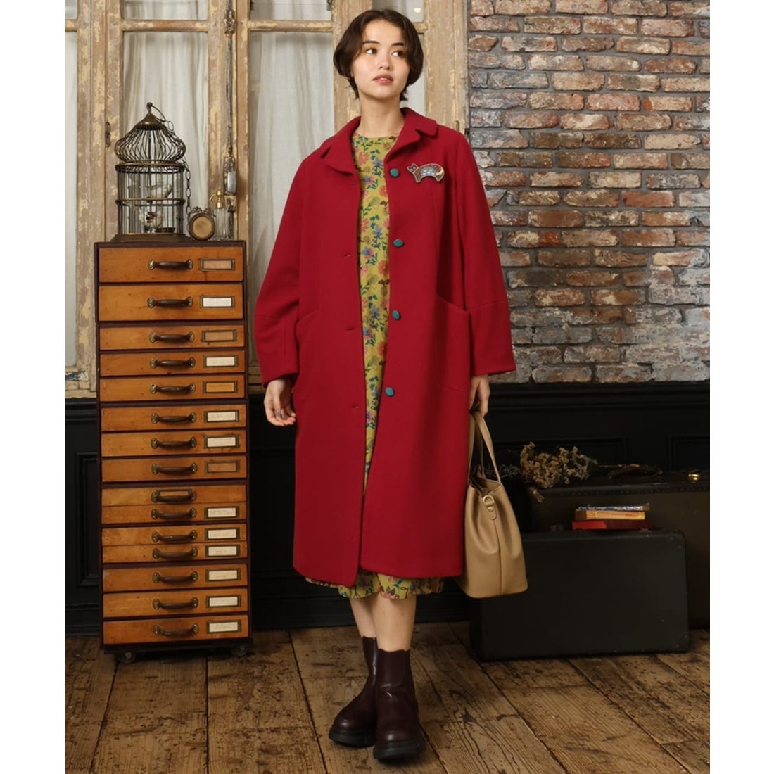 ホコモモラ Jocomomola ウールモッサロングコート （レッド