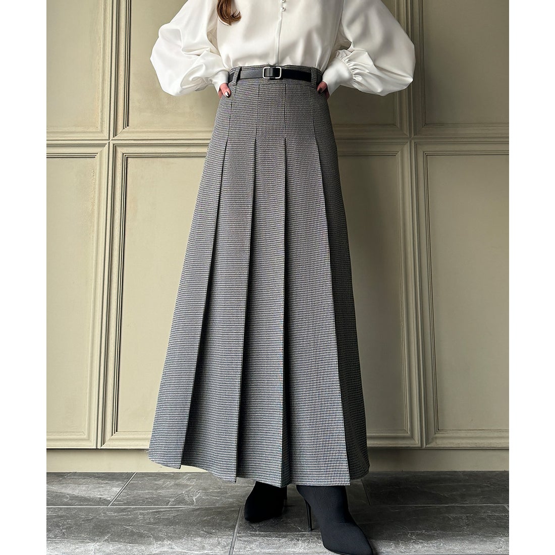 ジュノア JUNOAH 千鳥チェックロングプリーツスカート （ダークグレー