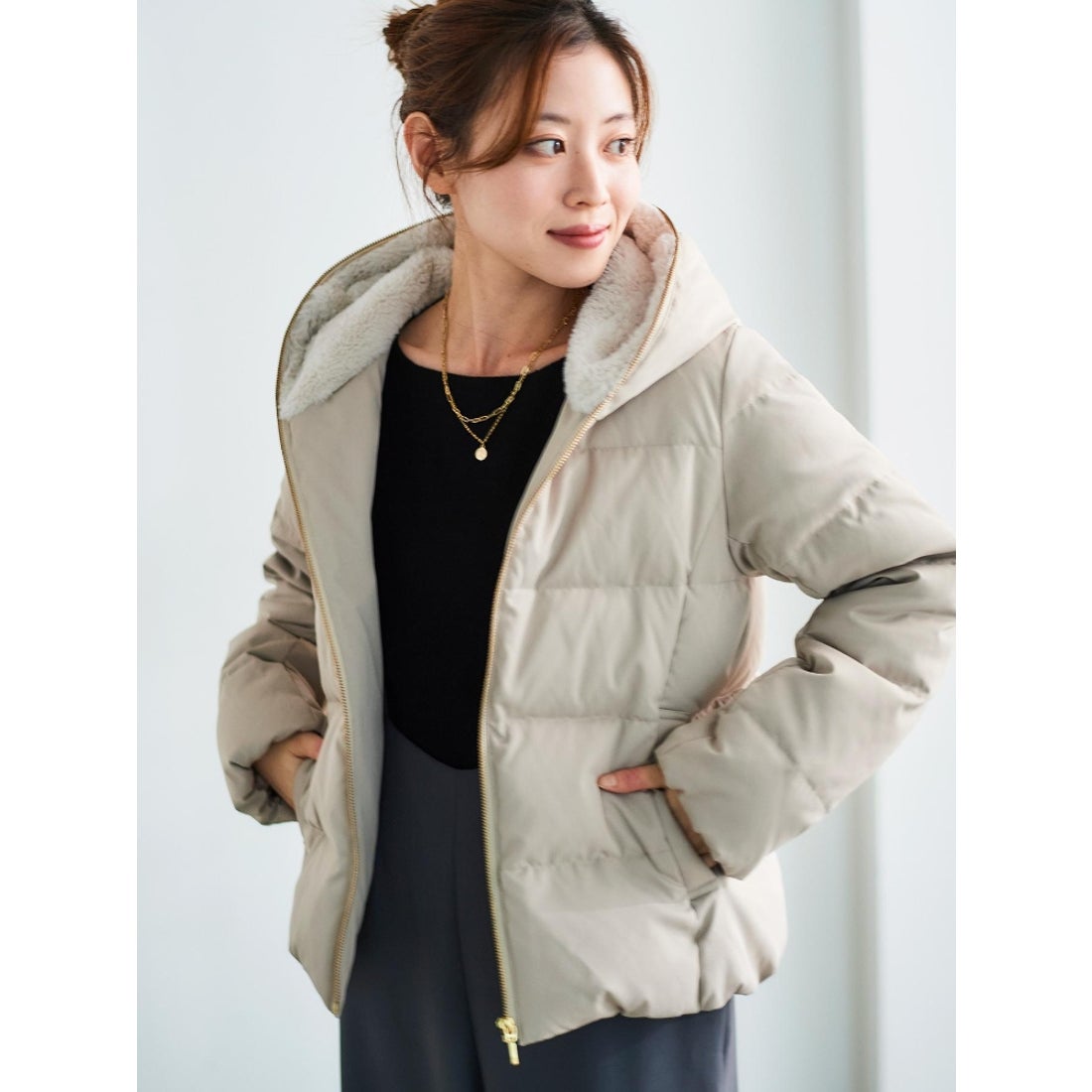 ルクールブラン le.coeur blanc ファーフードショートダウン （グレー