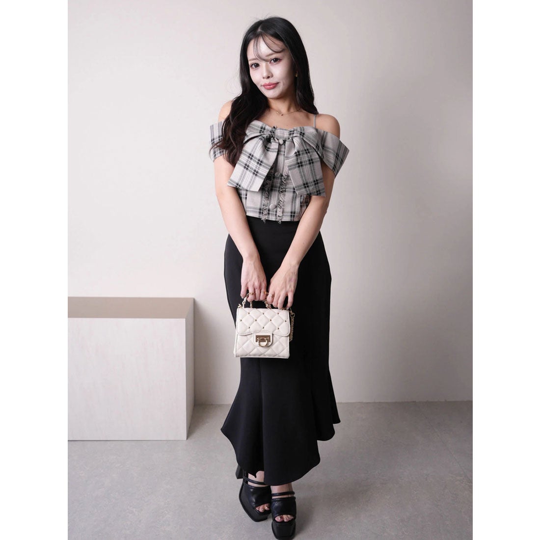 リップサービス LIP SERVICE ツイードリボンオフショルトップス