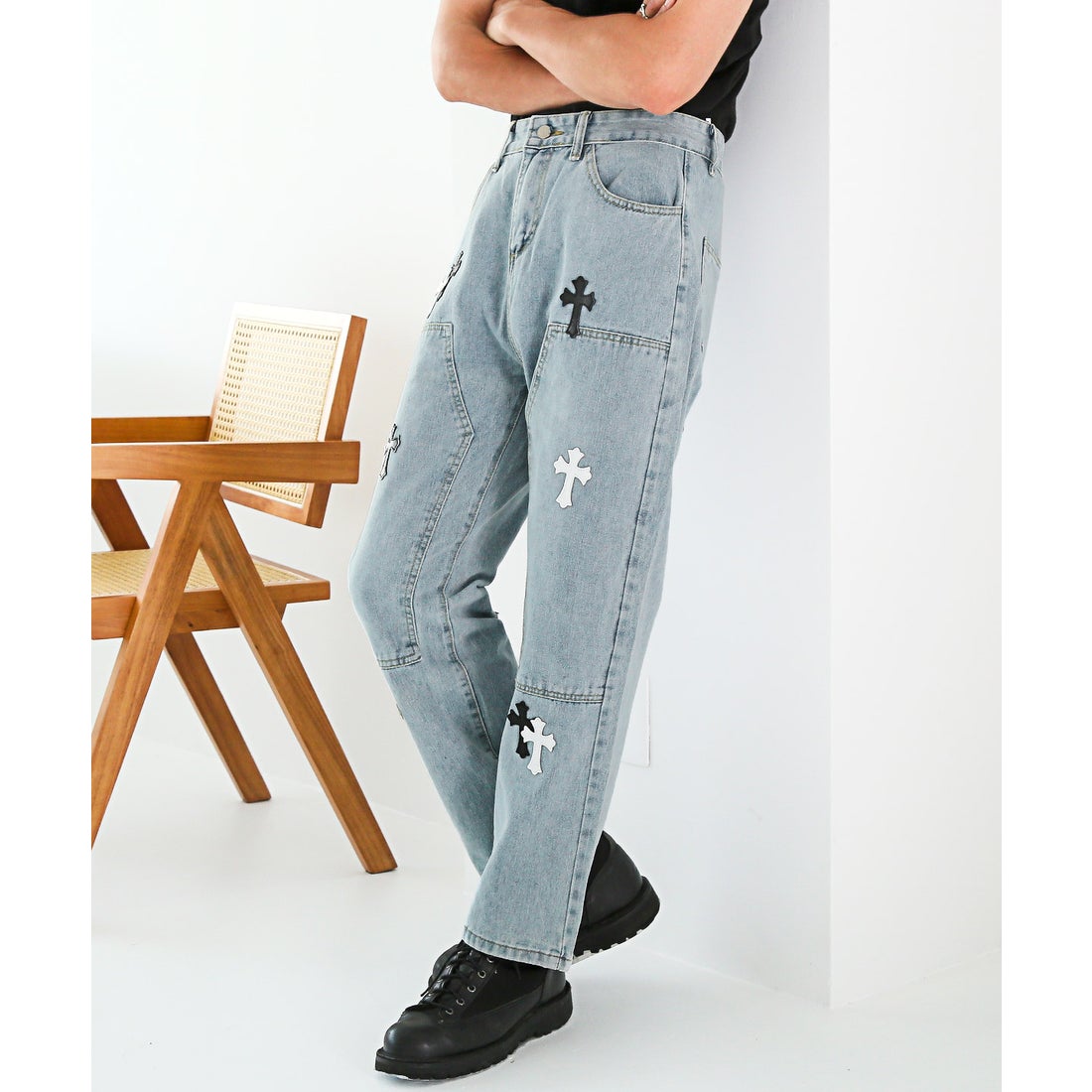 ラグスタイル LUXSTYLE PUレザークロスワッペンダブルニーデニムパンツ