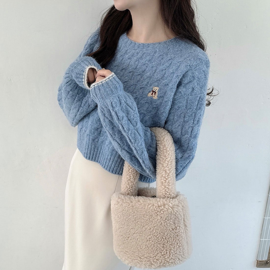 ワンダフルワールド 若草色 くまちゃん編み プルオーバーニット