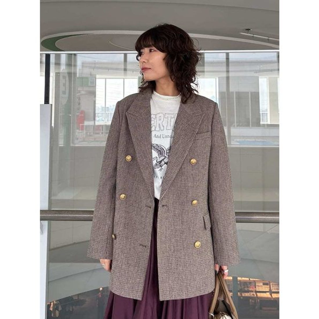 ミラ オーウェン Mila Owen チェック金釦ダブルブレストロングブレザー