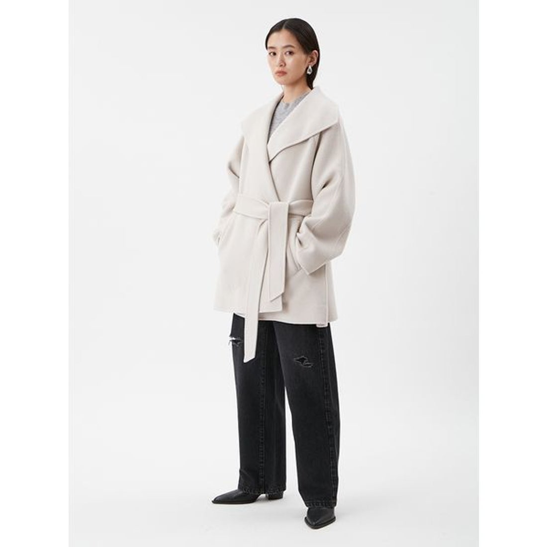 ミラ オーウェン Mila Owen 共ベルト付きビックカラーミディ丈コート