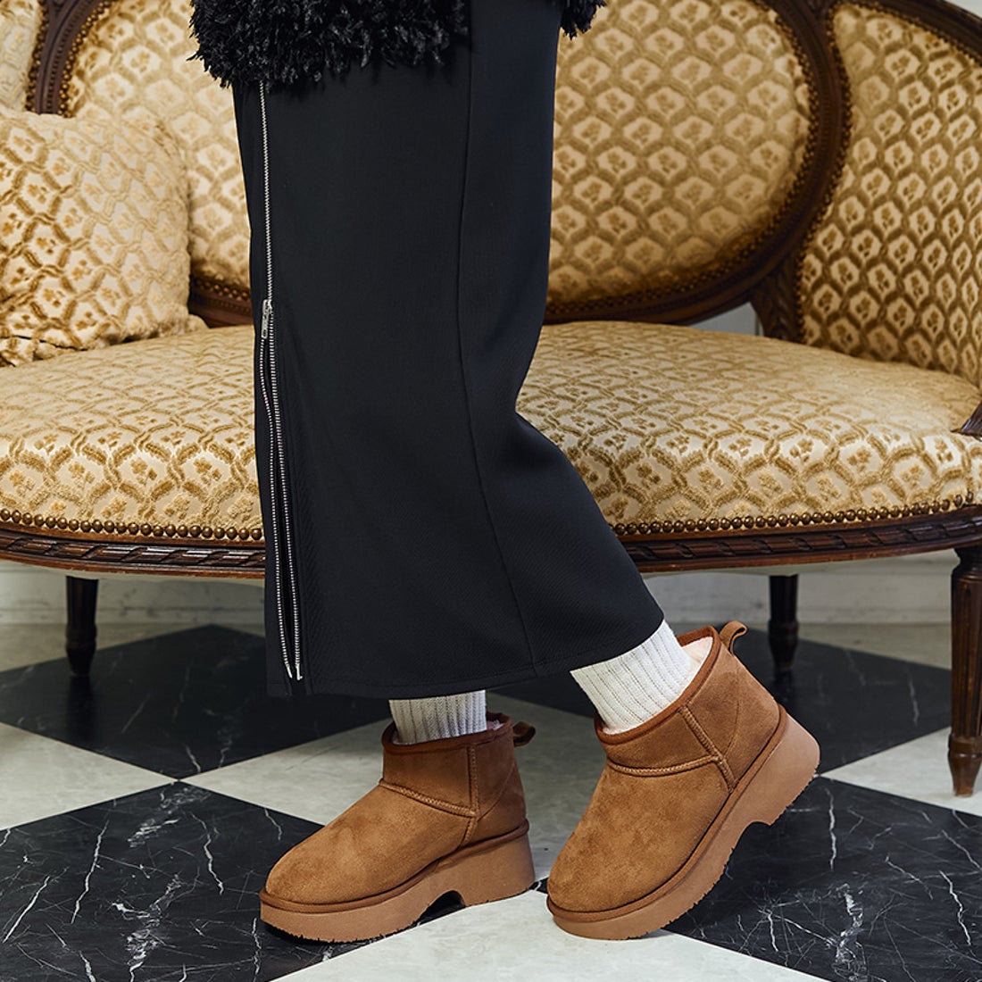 モズ moz 防滑・撥水 ムートン ミニ ブーツ （キャメル） -靴