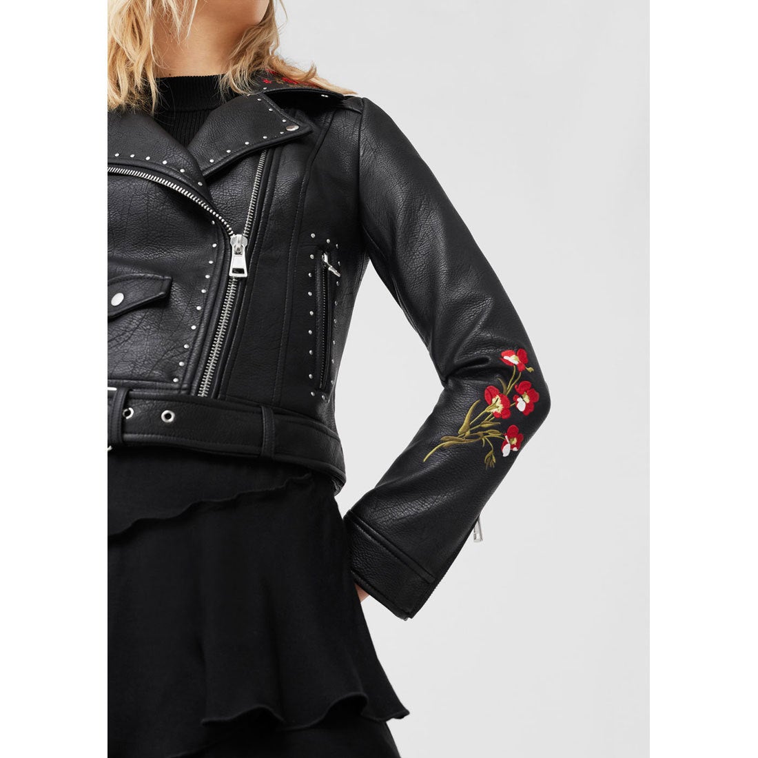 刺繍入りライダースジャケット （ブラック） -MANGO - マンゴ公式