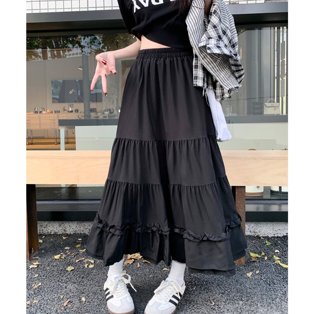 ショップニコニコ ShopNikoNiko ハイウエスト ティアード フリルロング