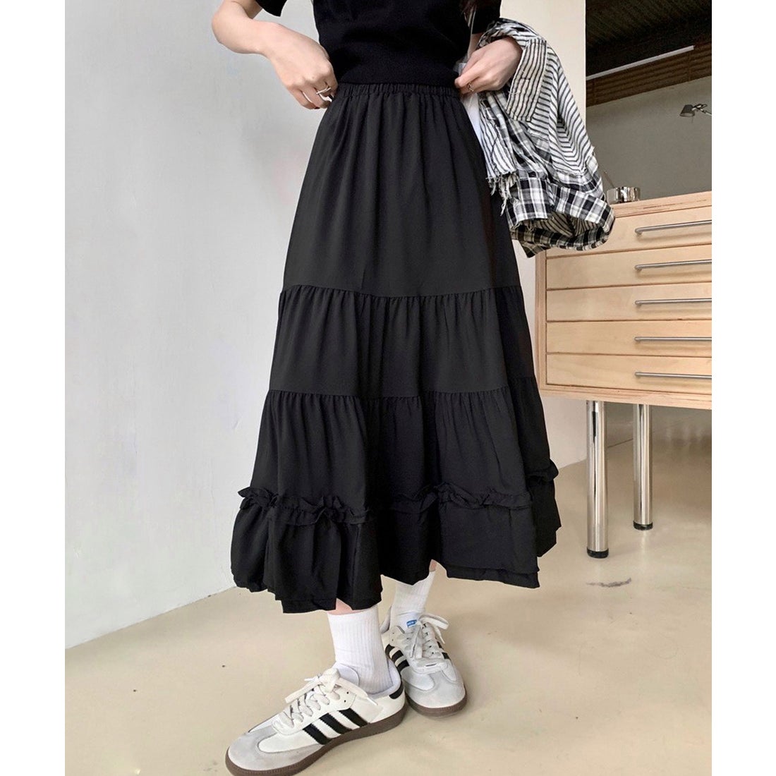 ショップニコニコ ShopNikoNiko ハイウエスト ティアード フリルロング