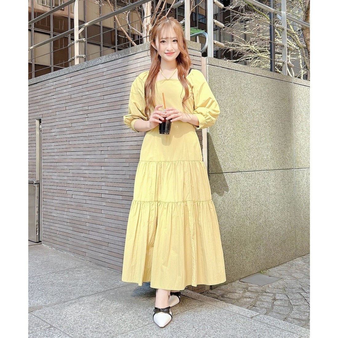 ノエラ NOELA レースネックデザインワンピ （イエロー