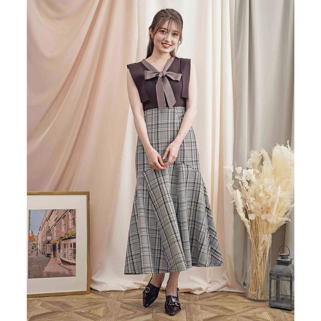 ノエラ NOELA フレアヘムハイウエストチェックスカート （グリーン