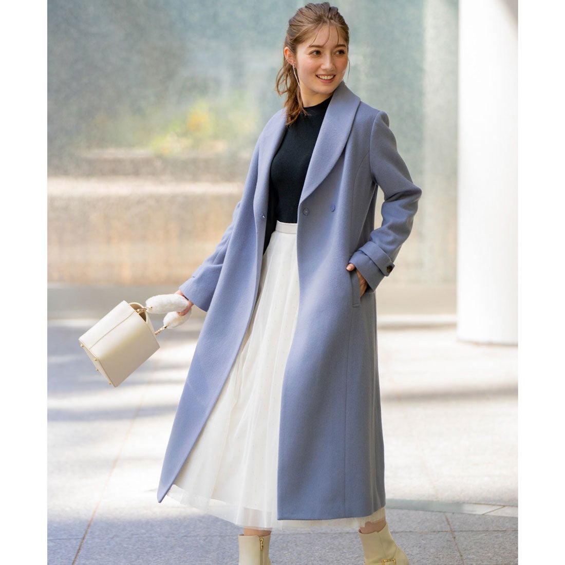 ノエラ NOELA フェイクファーショールカラーコート （ブルー） -靴