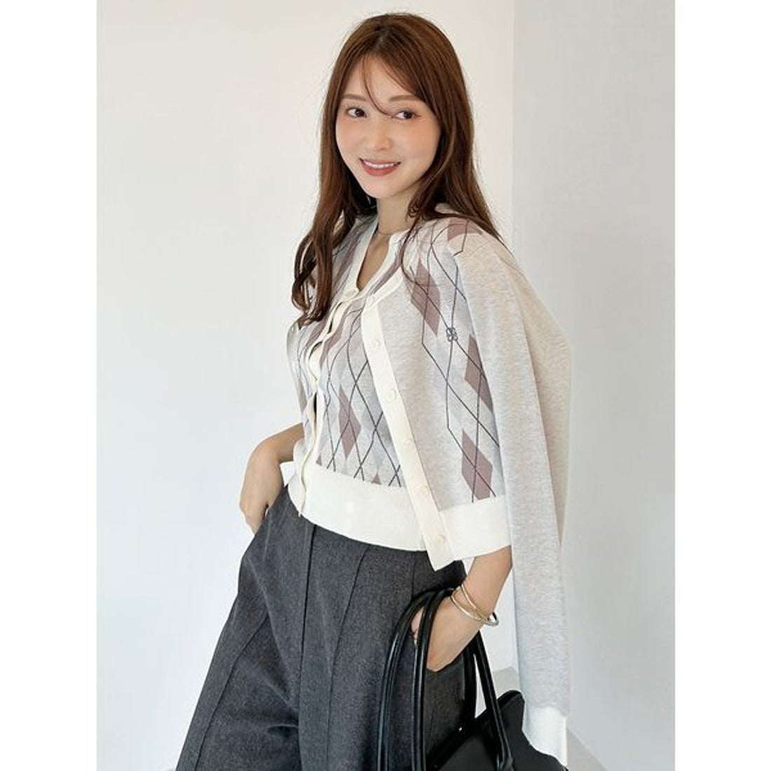 スナイデル SNIDEL アーガイルカーディガン （GRY） -ファッション通販