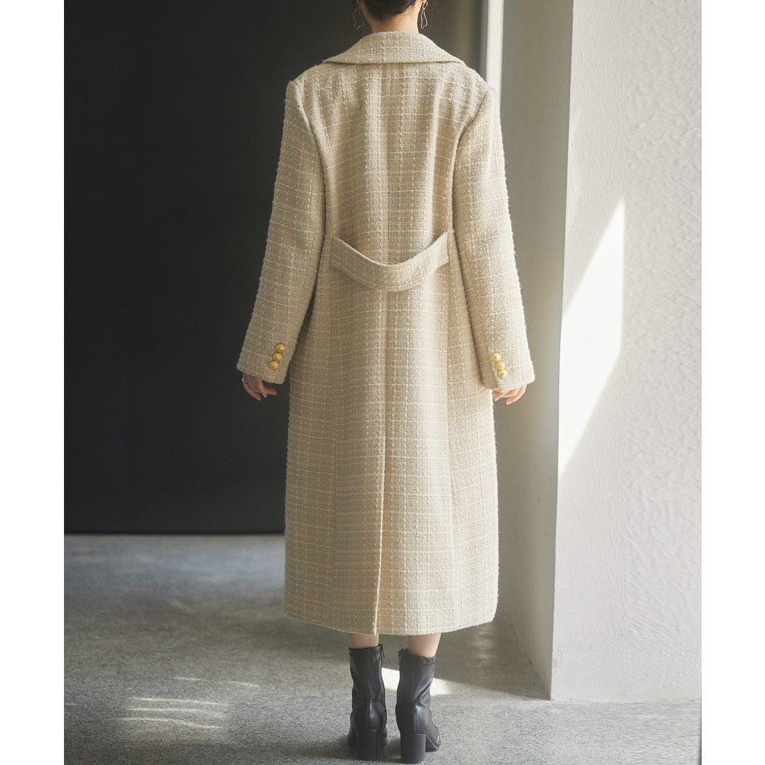 セゾンドパピヨン SAISON DE PAPILLON ゴールドボタンロング丈ツイード