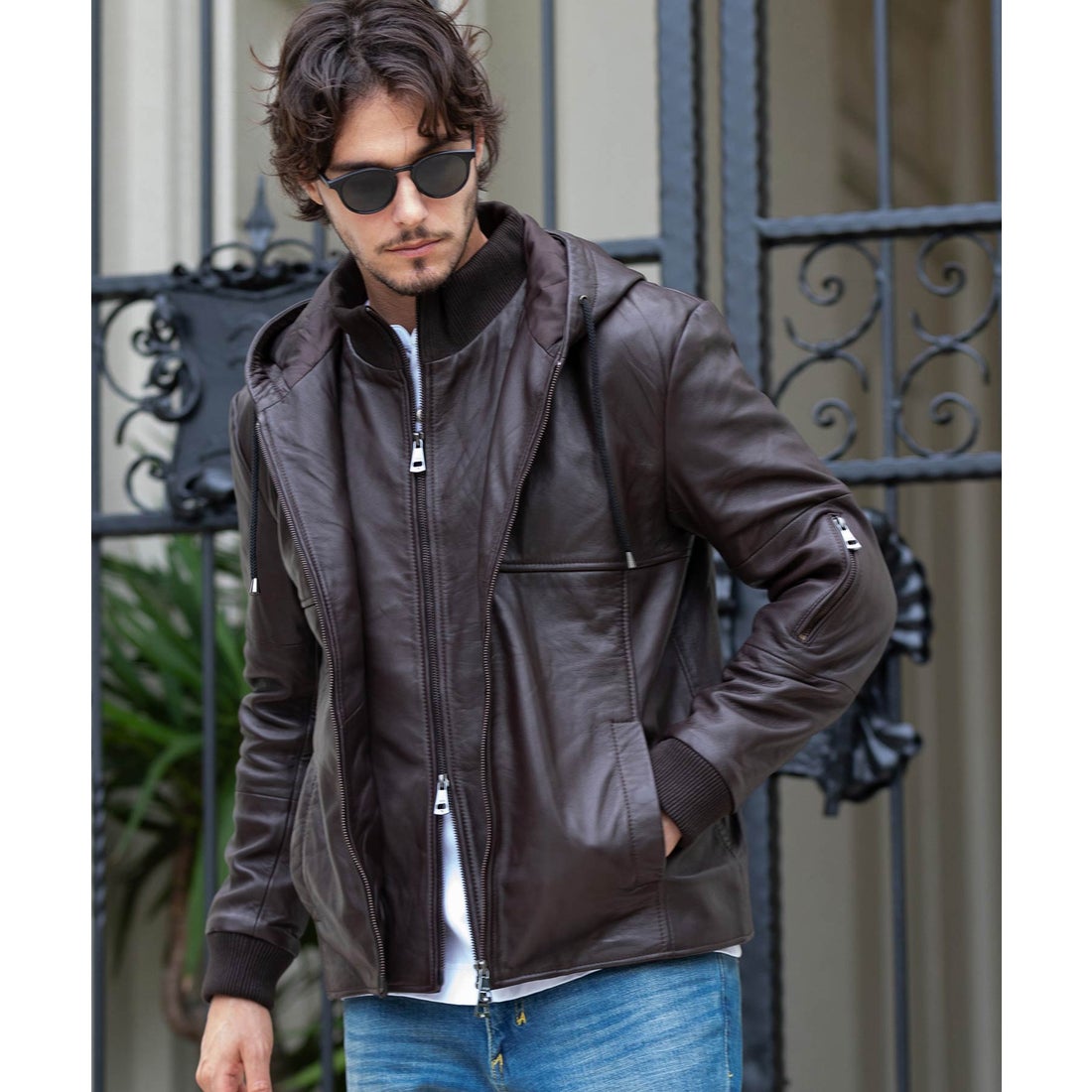 AKM Contemporary レイヤードシープレザー中綿フードジャケット