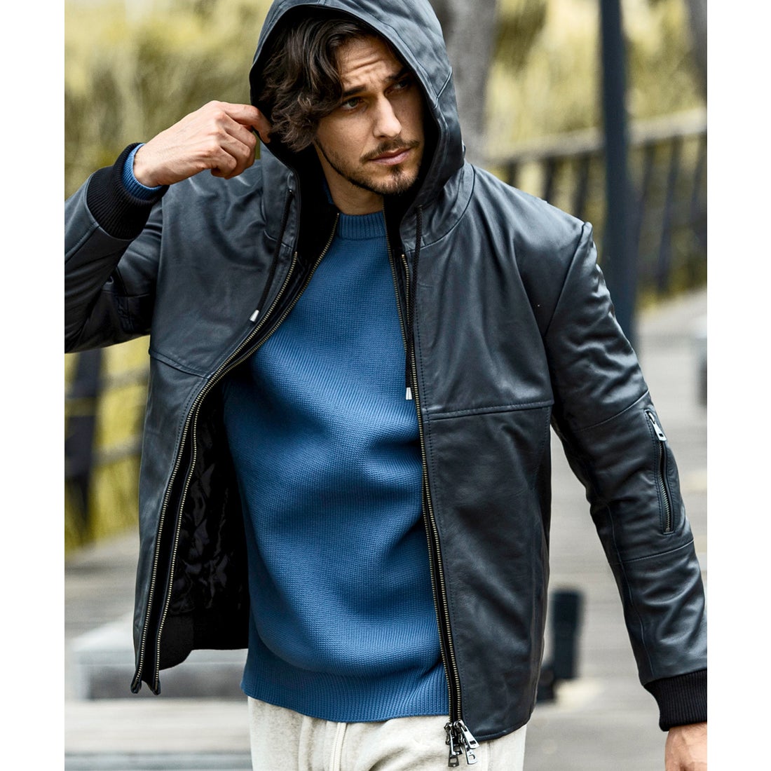 AKM Contemporary レイヤードシープレザー中綿フードジャケット