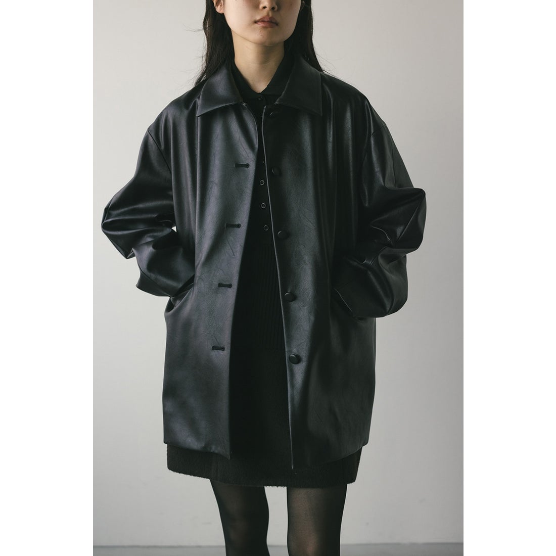 STYLEMIXER ステンカラーフェイクレザージャケット BLK -ファッション