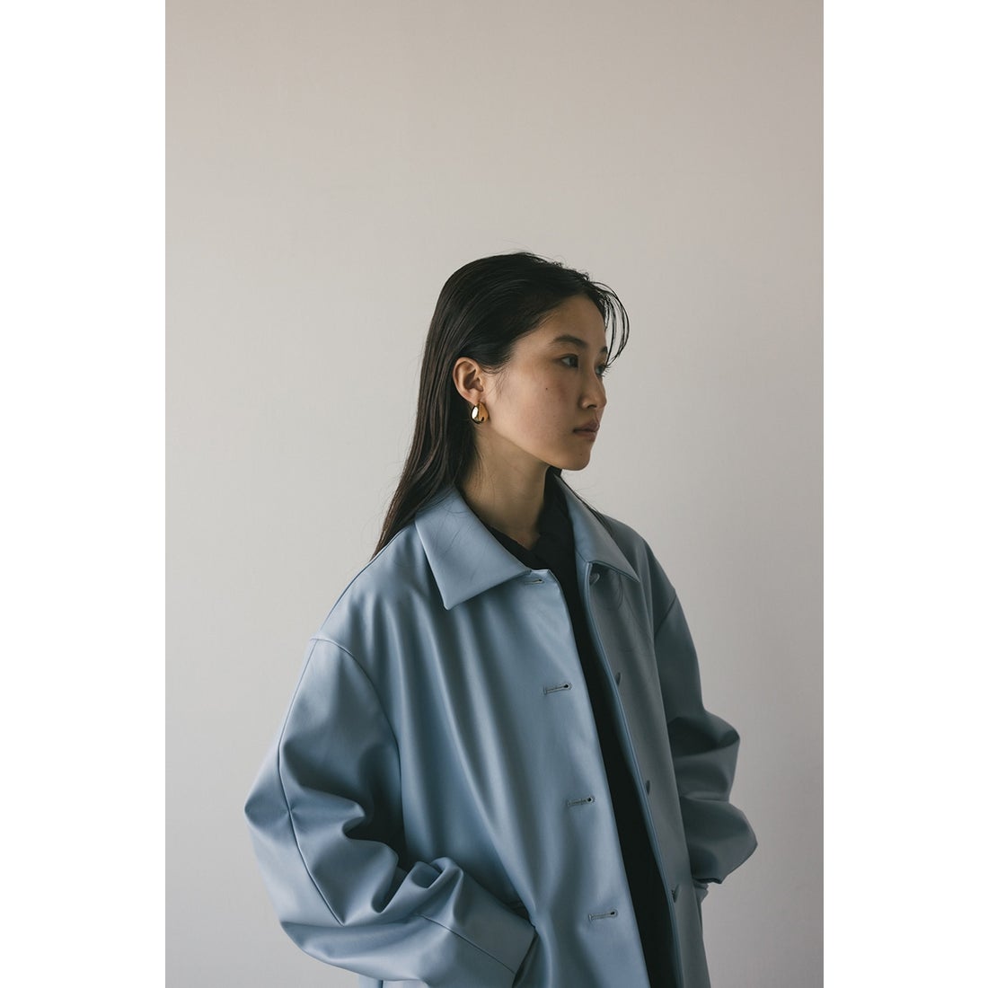 STYLEMIXER ステンカラーフェイクレザージャケット SAX -ファッション