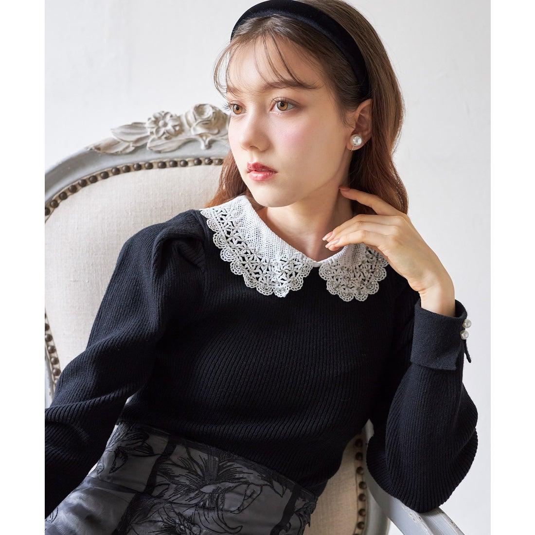 トッコクローゼット tocco closet 2WAYビジューレース襟付きリブニット