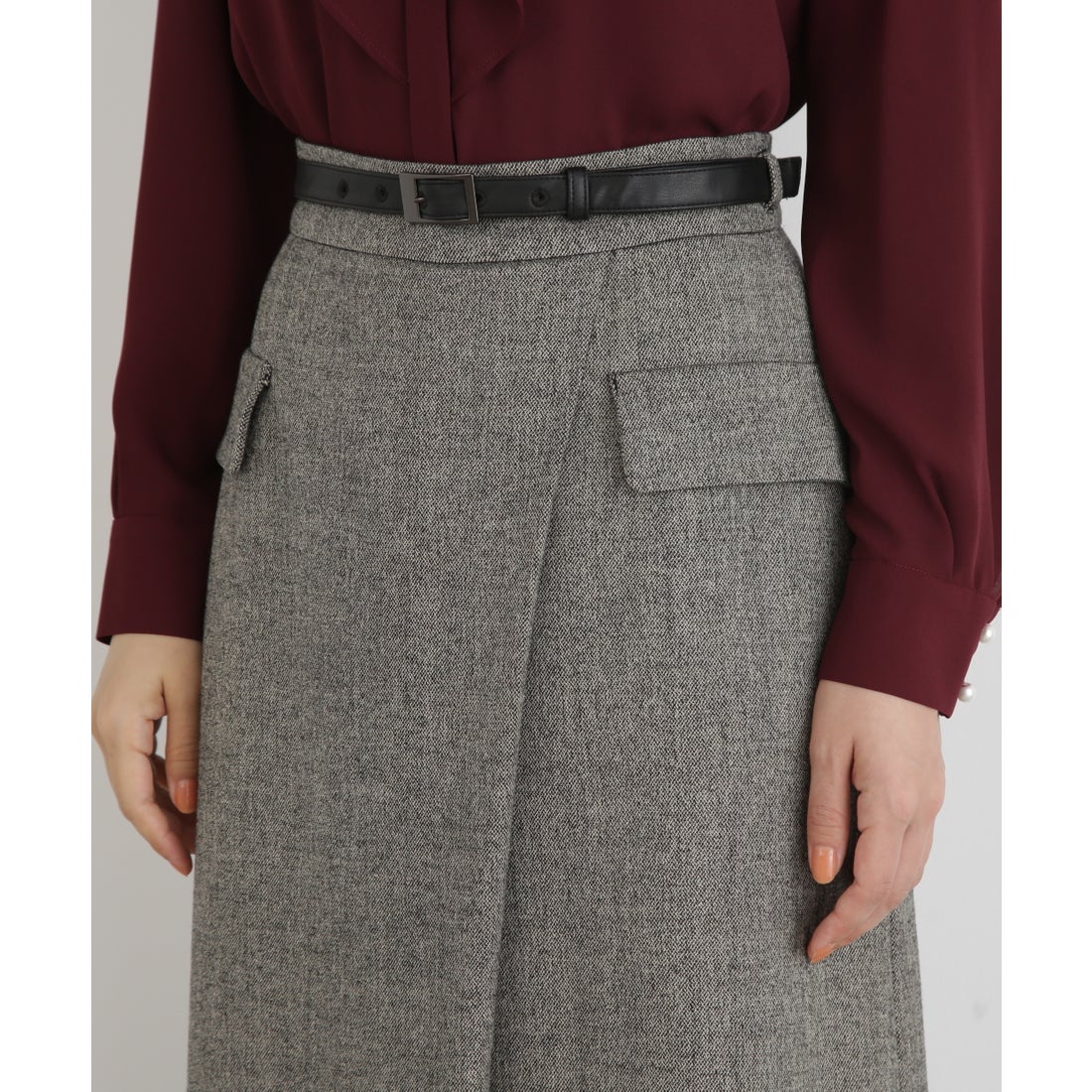 PINKY & DIANNE クラシカルツイードレザーベルト付きスカート グレー