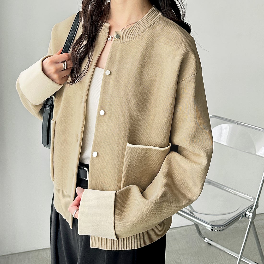 ジーラ GeeRA 羽織にもなる！配色カラーニットカーディガン （ベージュ