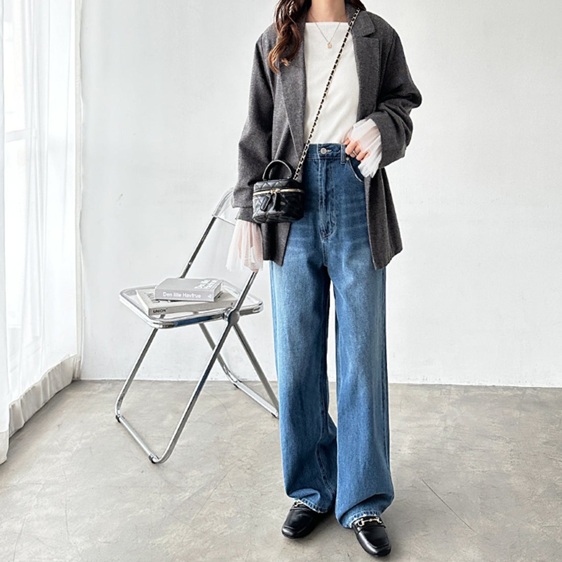 ジーラ GeeRA ハイウエストストレートデニム （ブルー） -靴