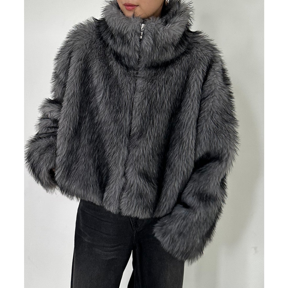 ラナン RANAN MIXカラーショート丈フェイクファーブルゾン （グレー