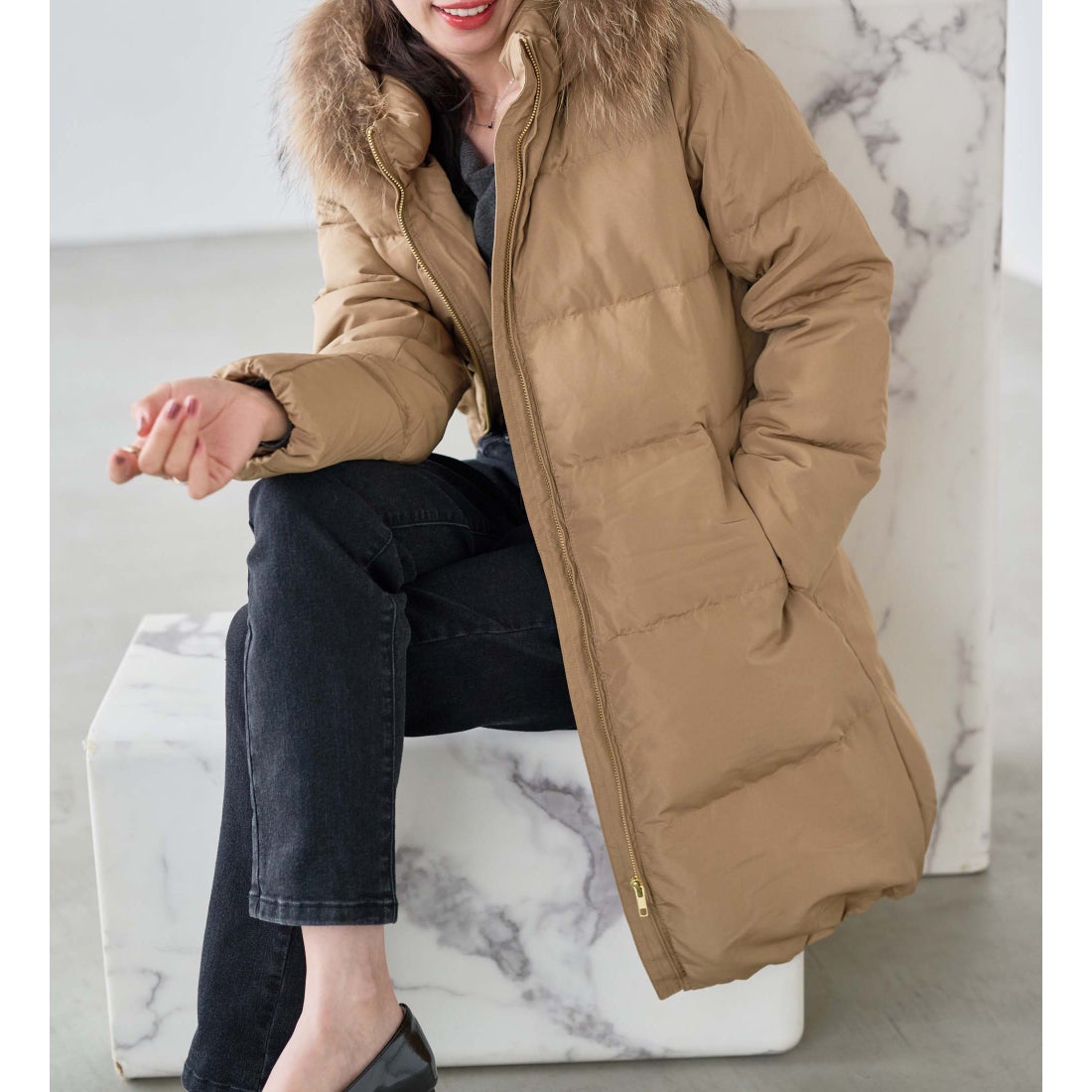 ラナン RANAN リアルファー付ダウンコート （キャメル） -アウトレット