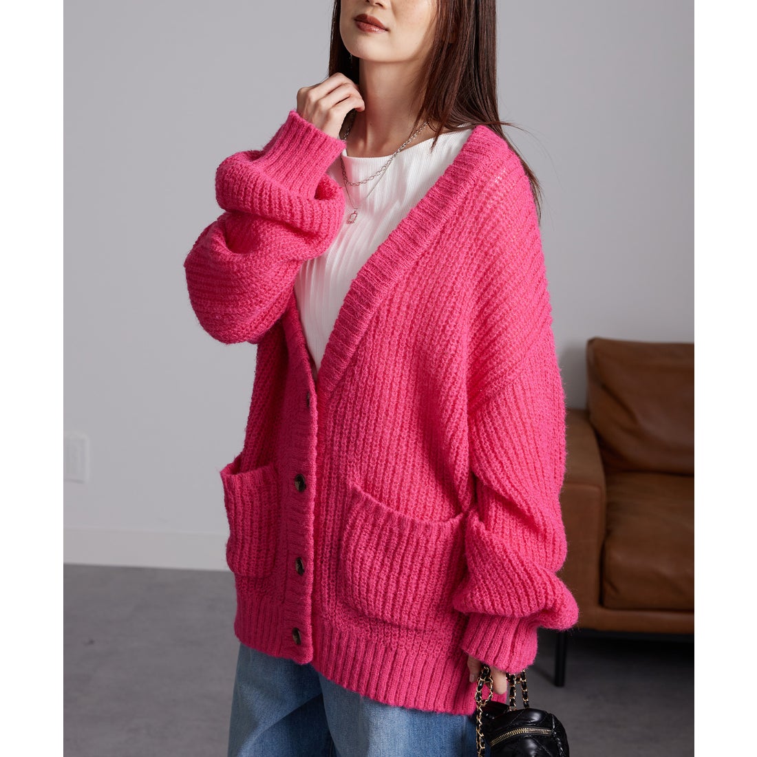 ラナン RANAN モヘアライクボリュームニットカーディガン （ピンク