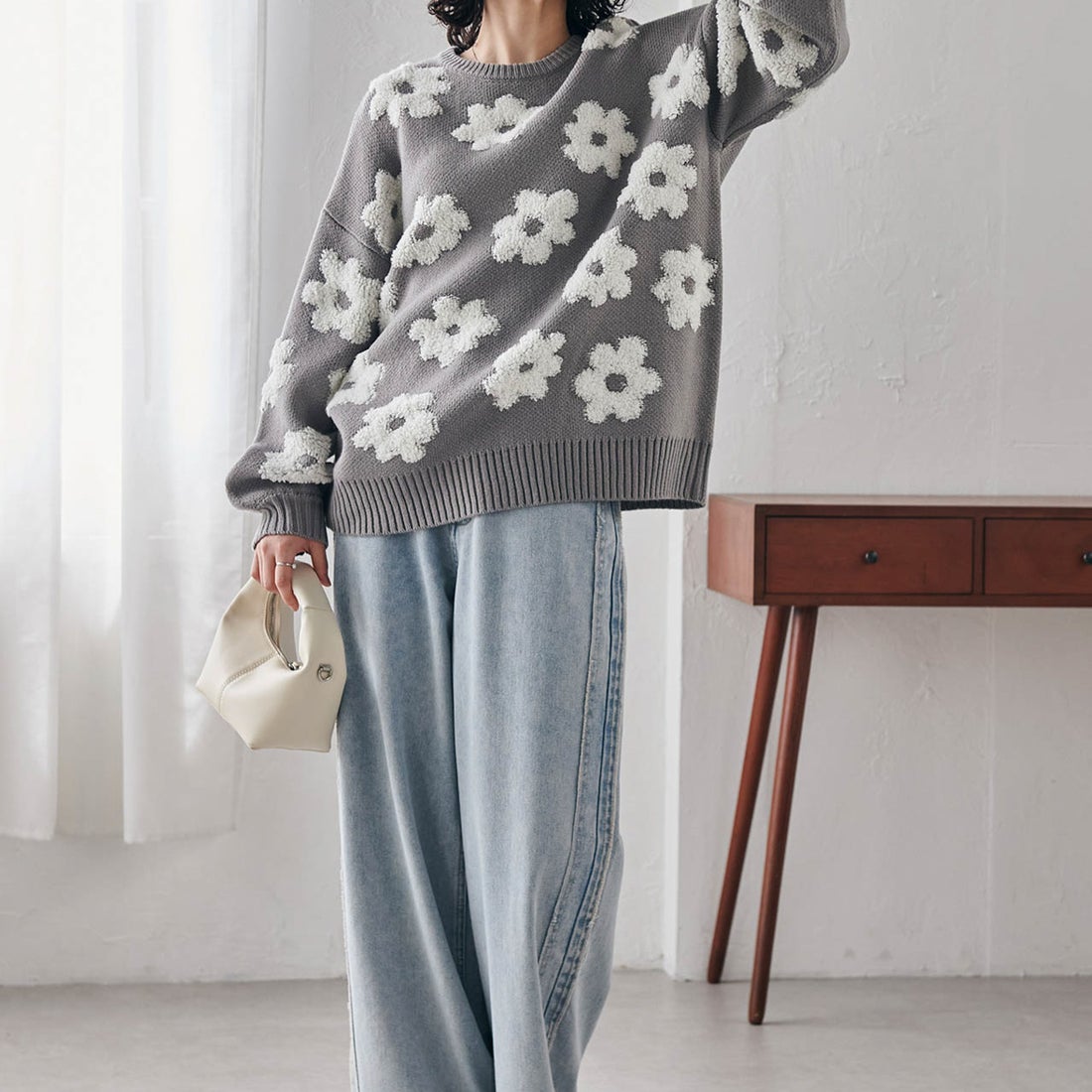 ラナン RANAN 花柄ジャカードニット （グレー） -ファッション通販