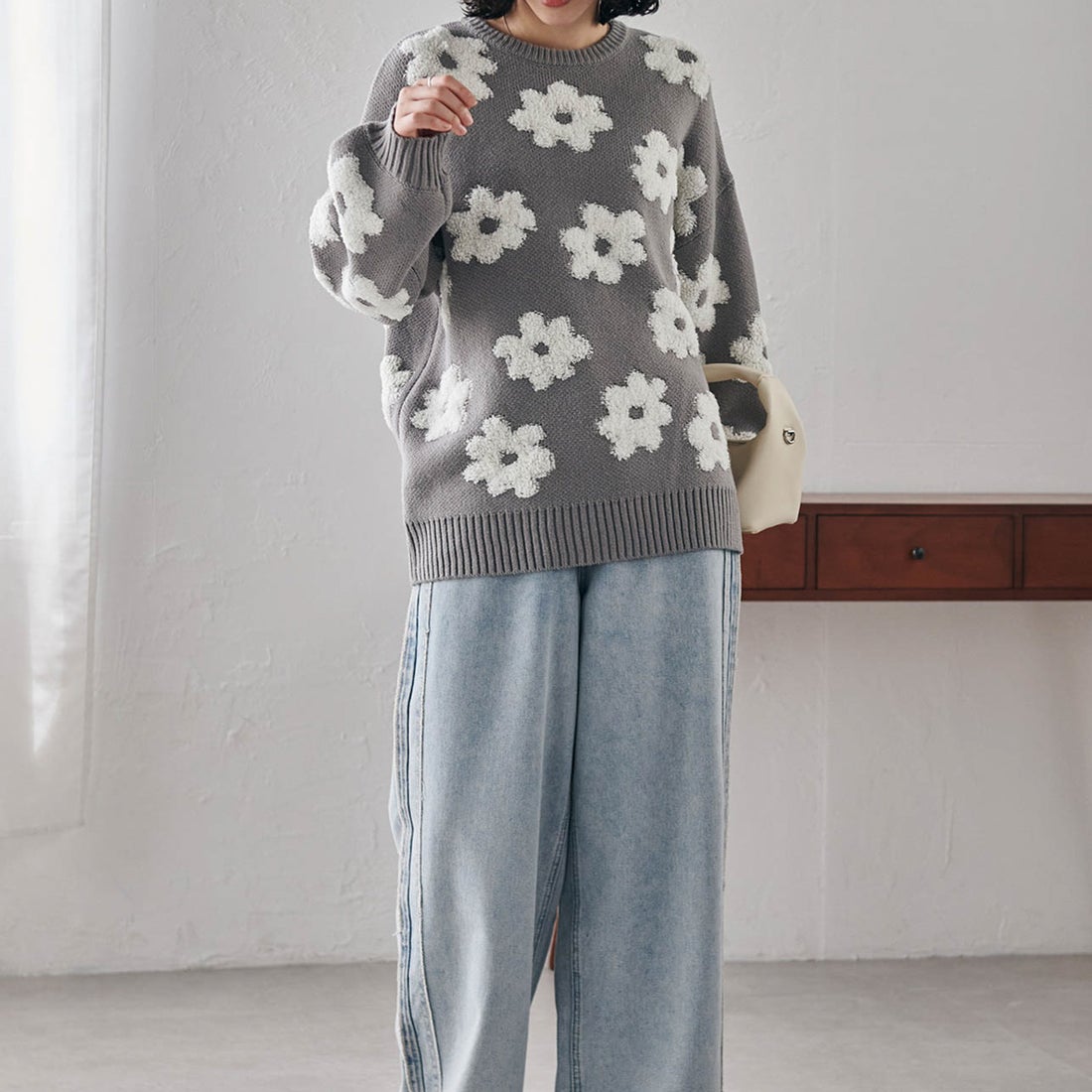 ラナン RANAN 花柄ジャカードニット （グレー） -ファッション通販