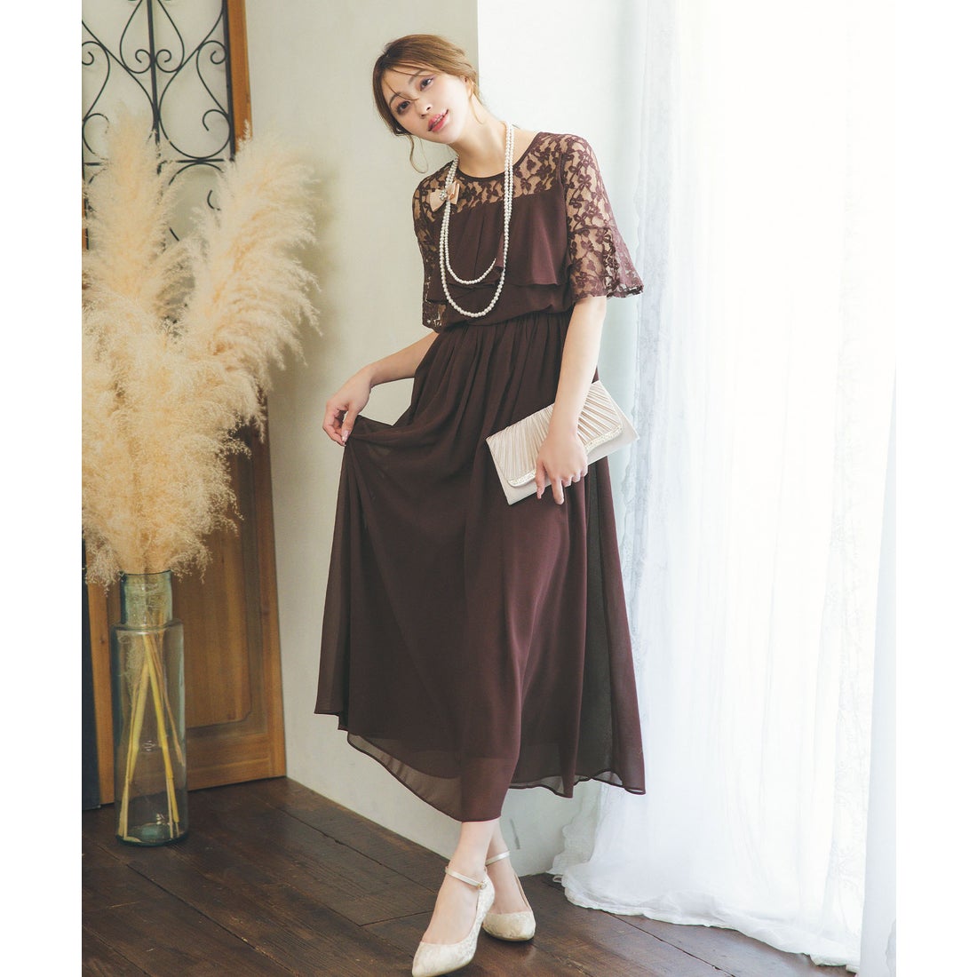 レティカ Retica パーティードレス フレアレーススリーブ胸元フリル