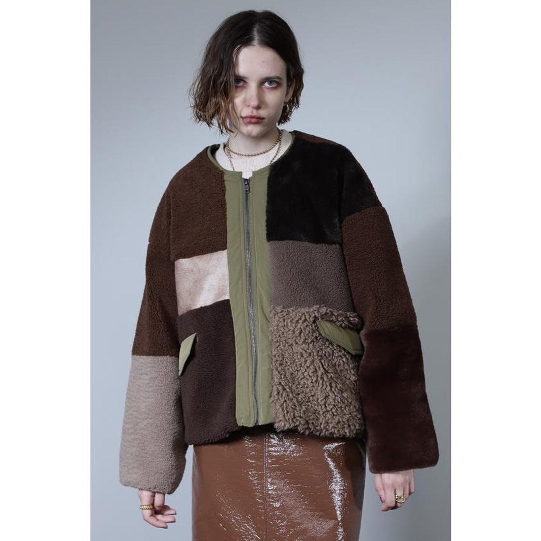 ローズバッド ROSE BUD パッチワークファージャケット （カーキ