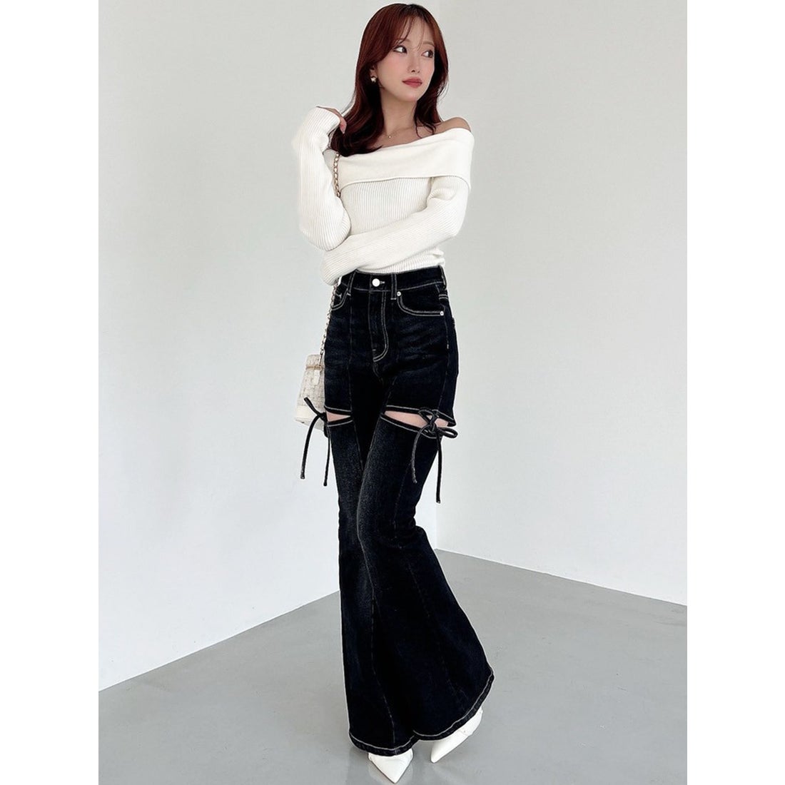 リゼクシー RESEXXY カットアウトリボンデニムパンツ （BLK