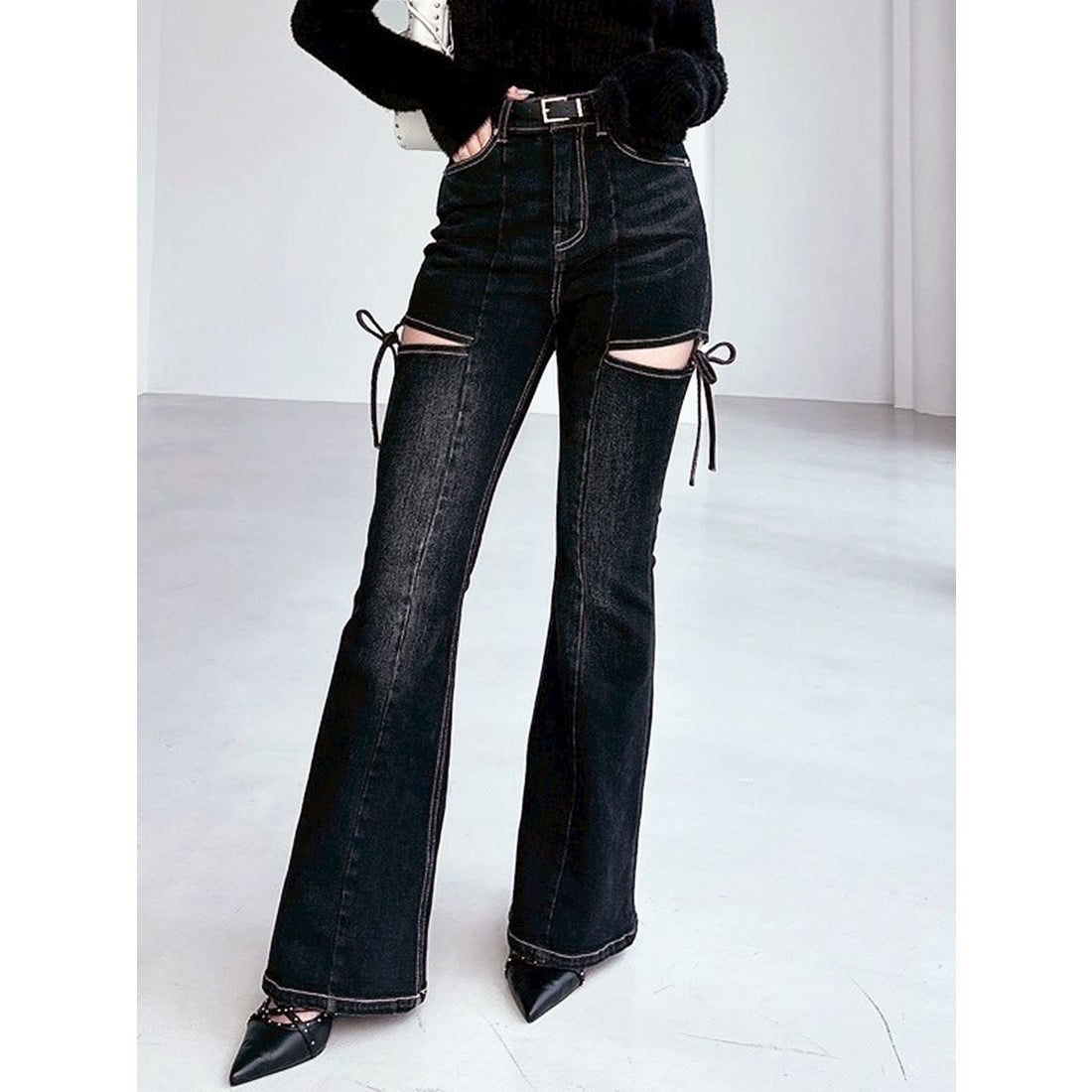 リゼクシー RESEXXY カットアウトリボンデニムパンツ （BLK