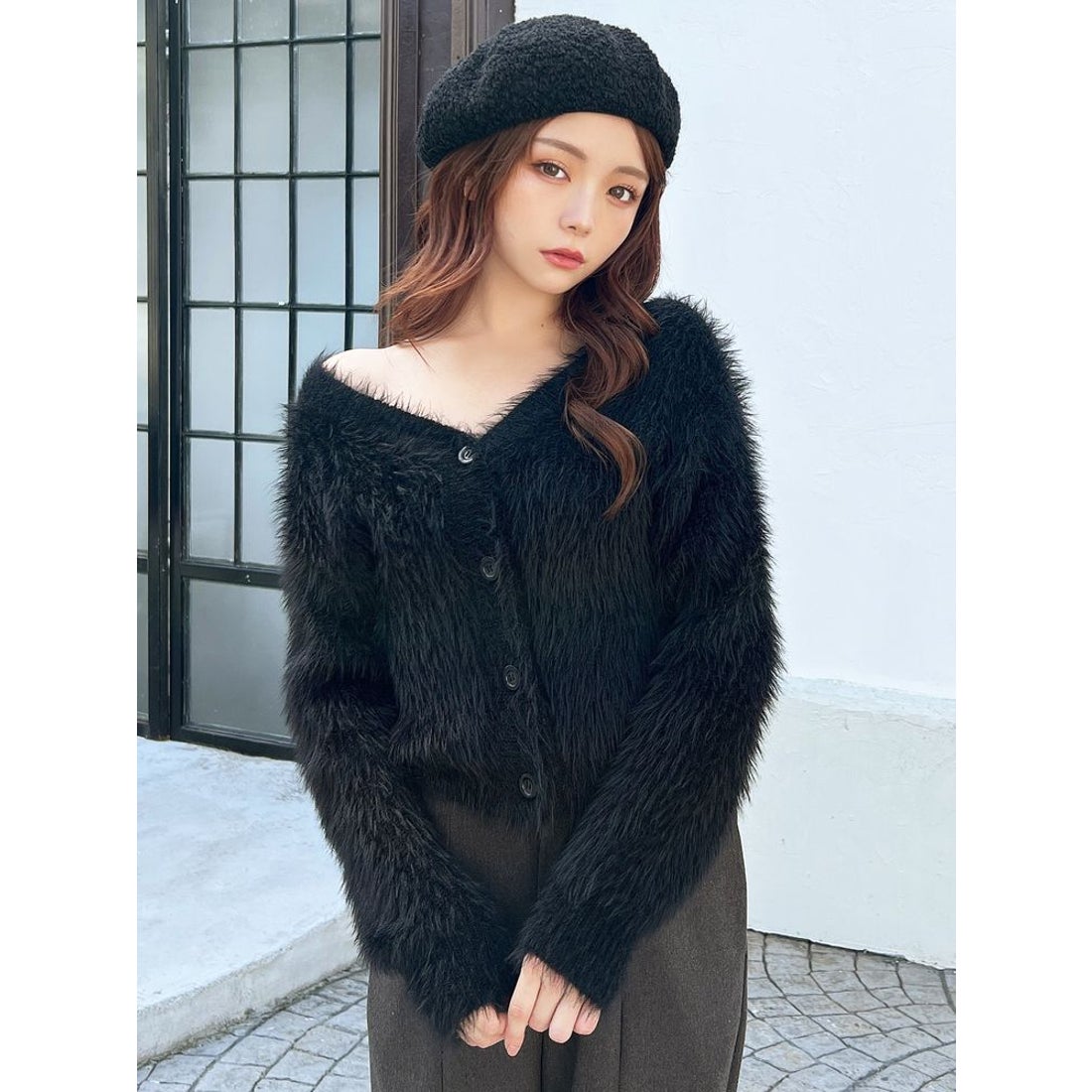 リゼクシー RESEXXY シャギーニットカーディガン （ブラック） -靴