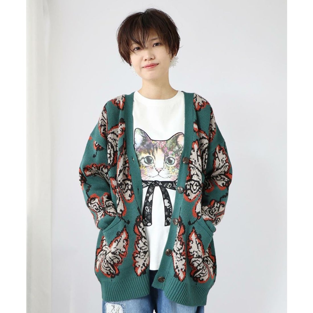 スカラー ScoLar 蝶柄ニットカーディガン （パープル） -靴