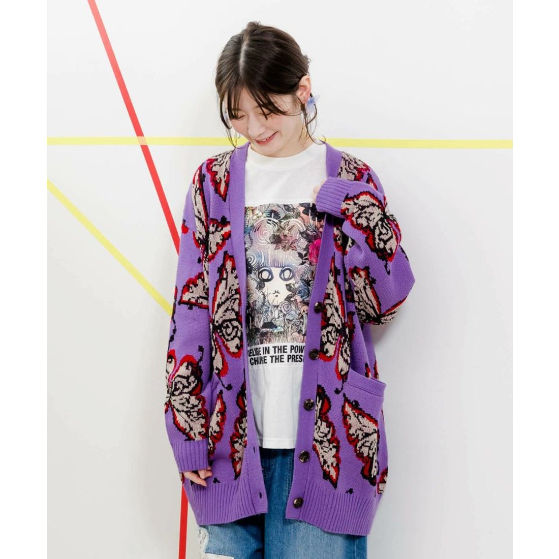 スカラー ScoLar 蝶柄ニットカーディガン （パープル） -靴