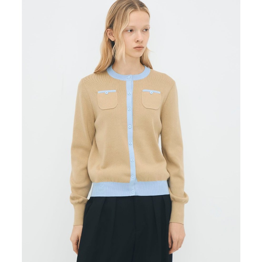 キャバン CABaN コットンカシミヤ バイカラークルーネックカーディガン