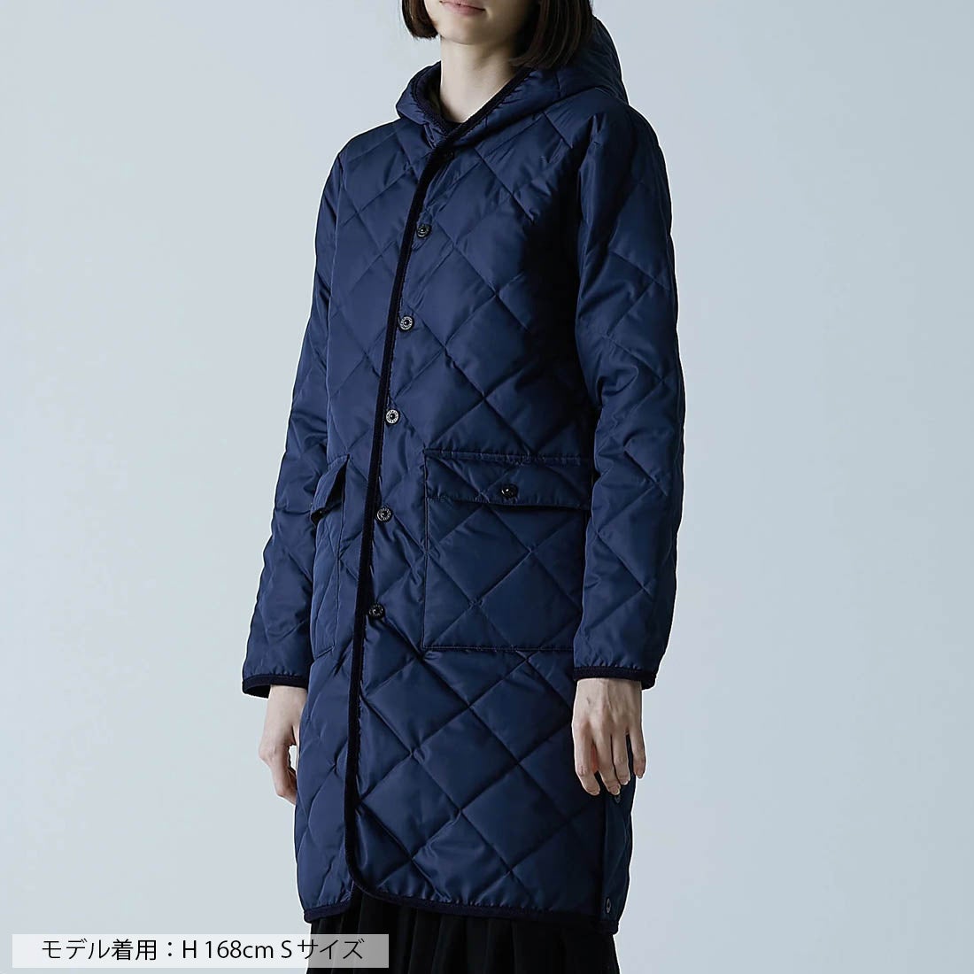 TAION＞シティ パイピングフード ロングダウンコート （ネイビー