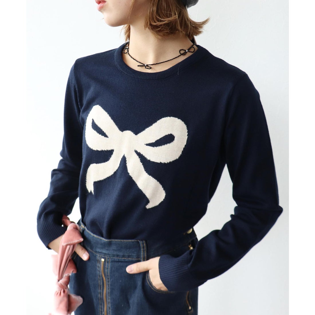 スリーフォータイム Three Four Time リボン柄ニットプルオーバー