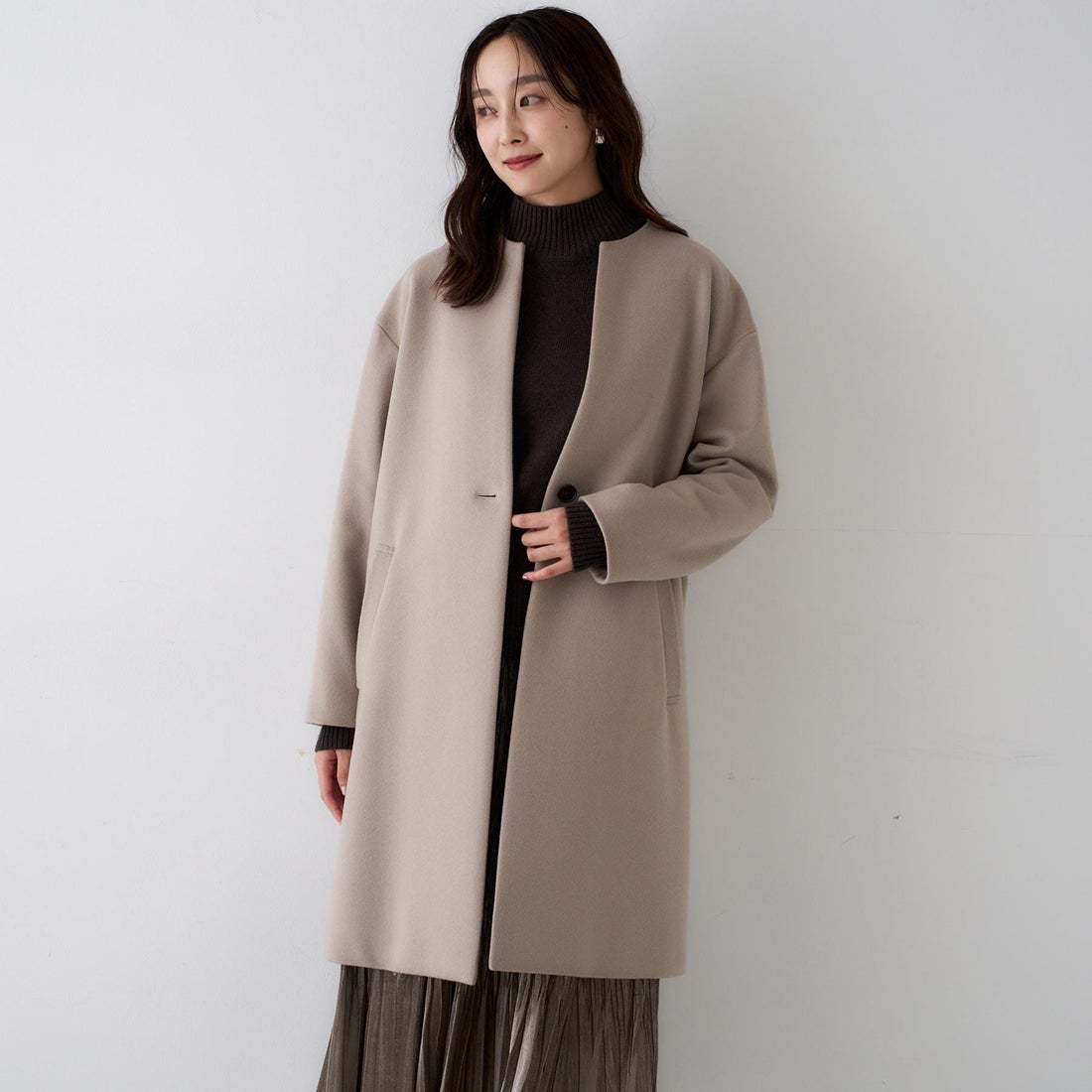 アンタイトル UNTITLED カシミヤ混ノーカラーコート （ベージュ(052