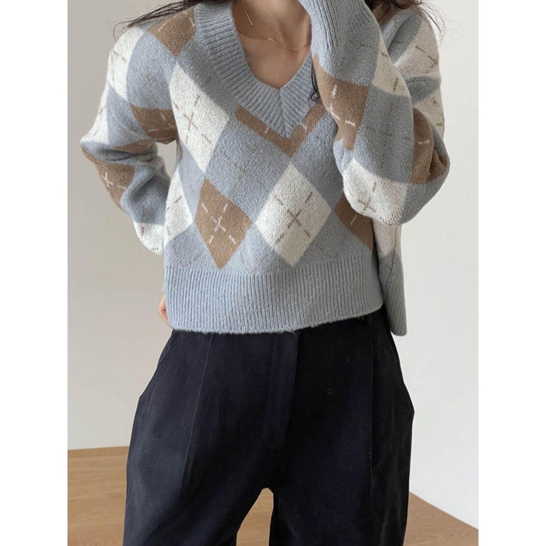 ビビッドレディ VIVIDLADY アーガイル柄 vネックニットセーター