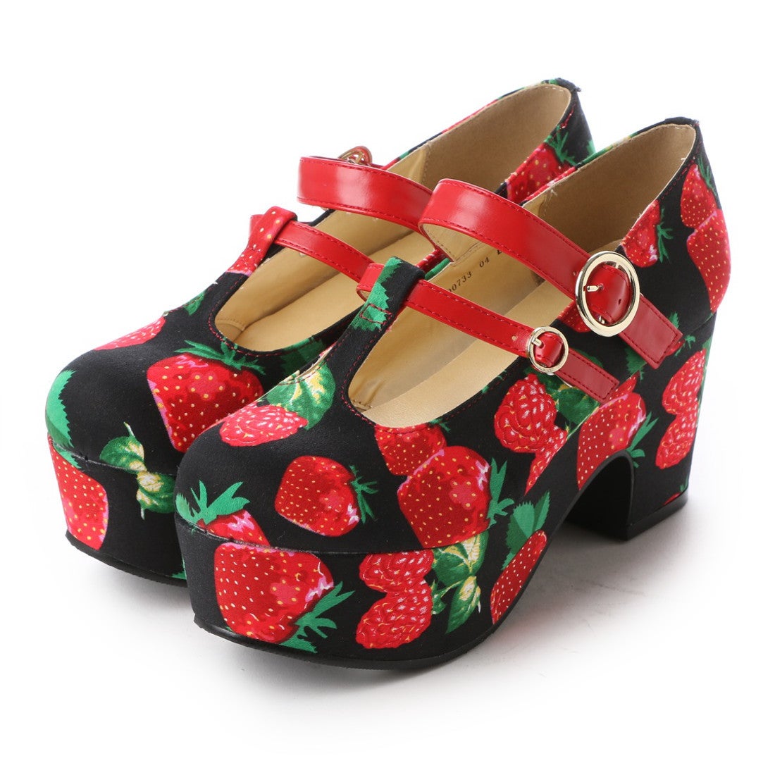 いちご柄厚底パンプス （ブラックレッド） -YOSUKE U・S・A